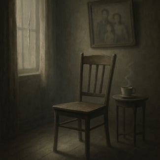 The image depicts a somber dimly lit room with a single empty chair positioned in the center A faint beam of light filters through a partially drawn c